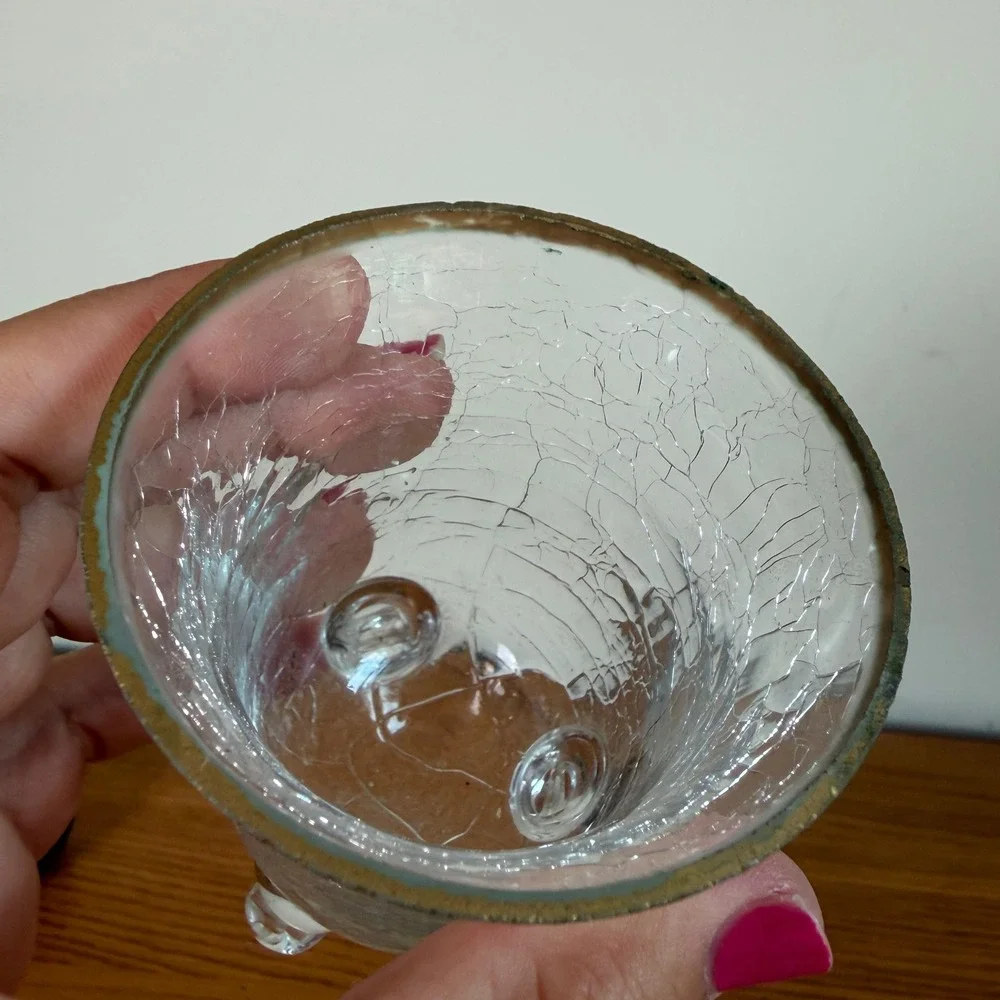 Vintage Clear Crackle Glass Footed Votive Holder Gold Rim Tripod Base